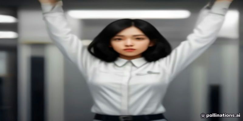 직원이 유니폼 샘플을 입고 팔을 들어 보는 모습
