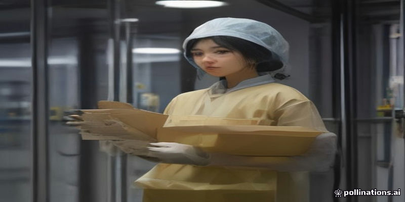 안경 슬릿이 적용된 위생모를 착용하고 작업대를 살피는 모습